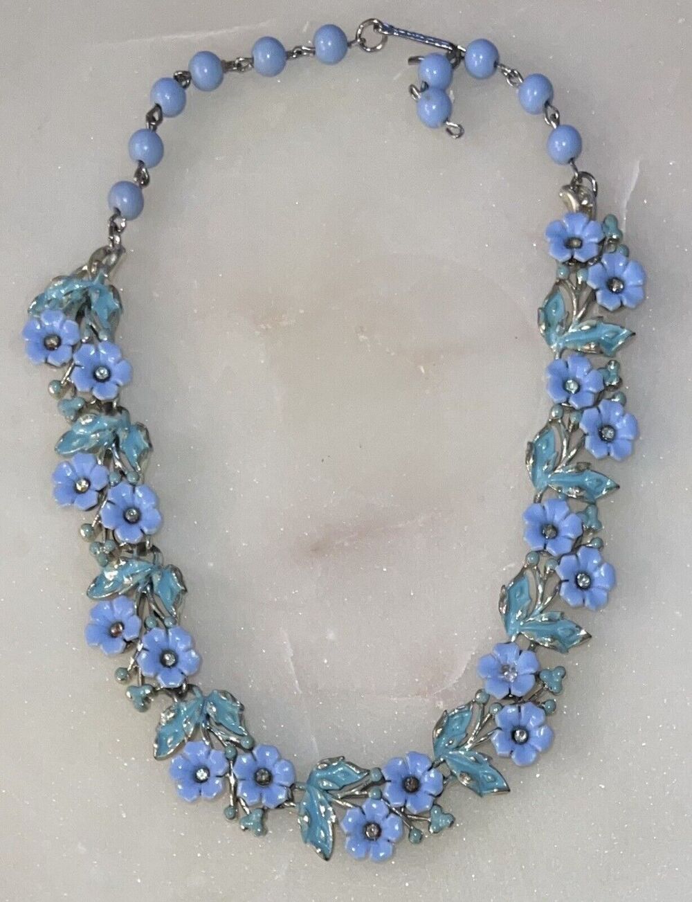Coro Lucite Resin Rhinestone Blue Flower and Bead Necklace